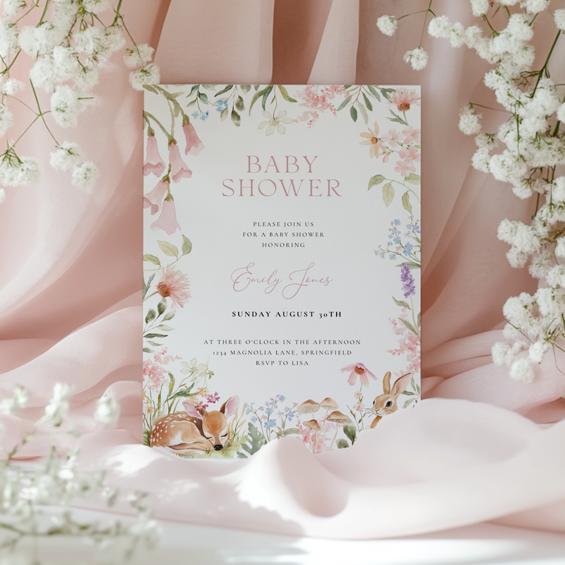 Baby Shower Invitation - Woodland Forest Animals Pastel Wildflowers BS188