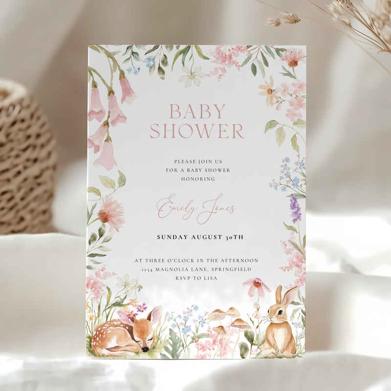 Baby Shower Invitation - Woodland Forest Animals Pastel Wildflowers BS188