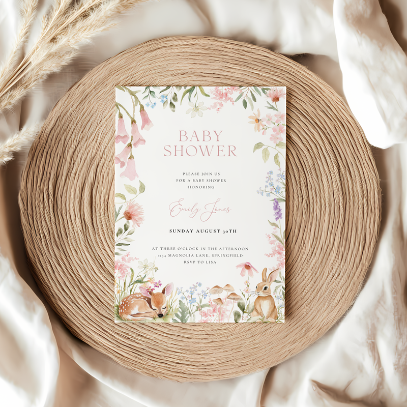 Baby Shower Invitation - Woodland Forest Animals Pastel Wildflowers BS188