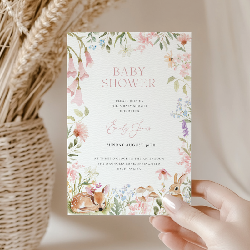 Baby Shower Invitation - Woodland Forest Animals Pastel Wildflowers BS188