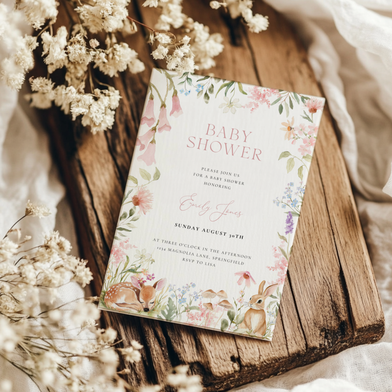 Baby Shower Invitation - Woodland Forest Animals Pastel Wildflowers BS188