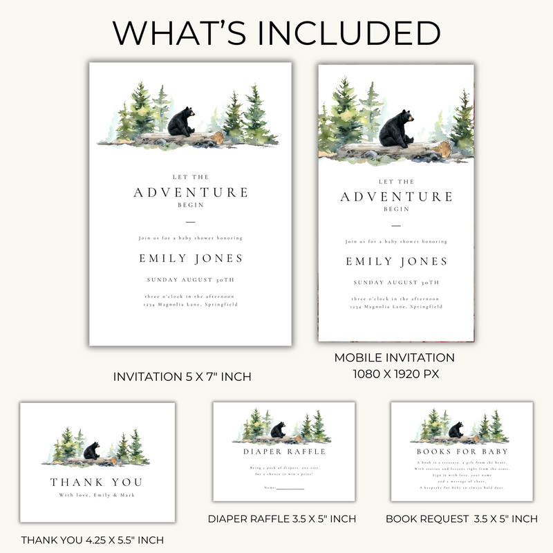 Baby Shower Invitation Bundle - Woodland Forest Bear BS197