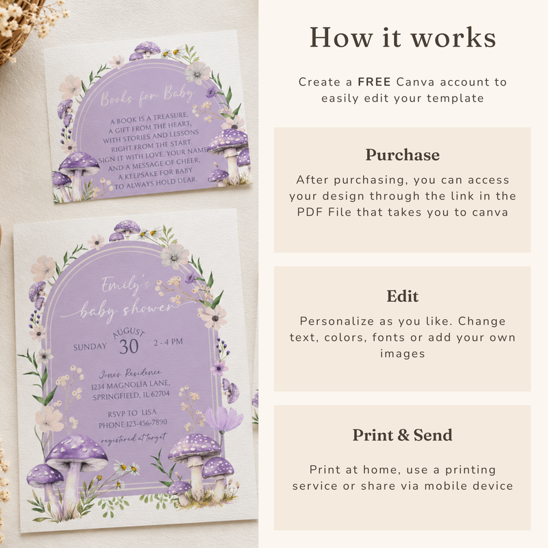 Purple Mushroom Woodland Baby Shower Invitation Bundle BS82