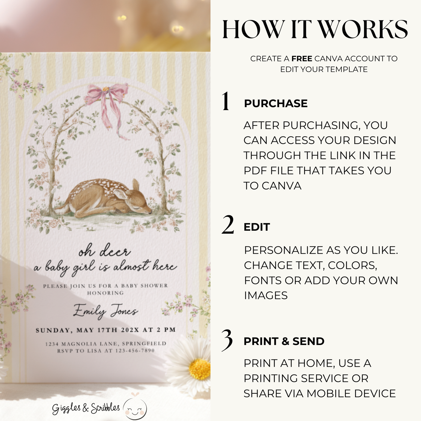 Butter Yellow Deer Baby Shower Invitation BS292