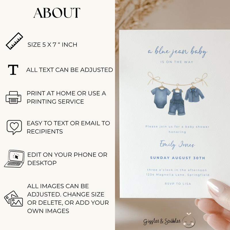 Baby Shower Invitation Bundle - Blue Jean Baby Denim Clothesline BS194
