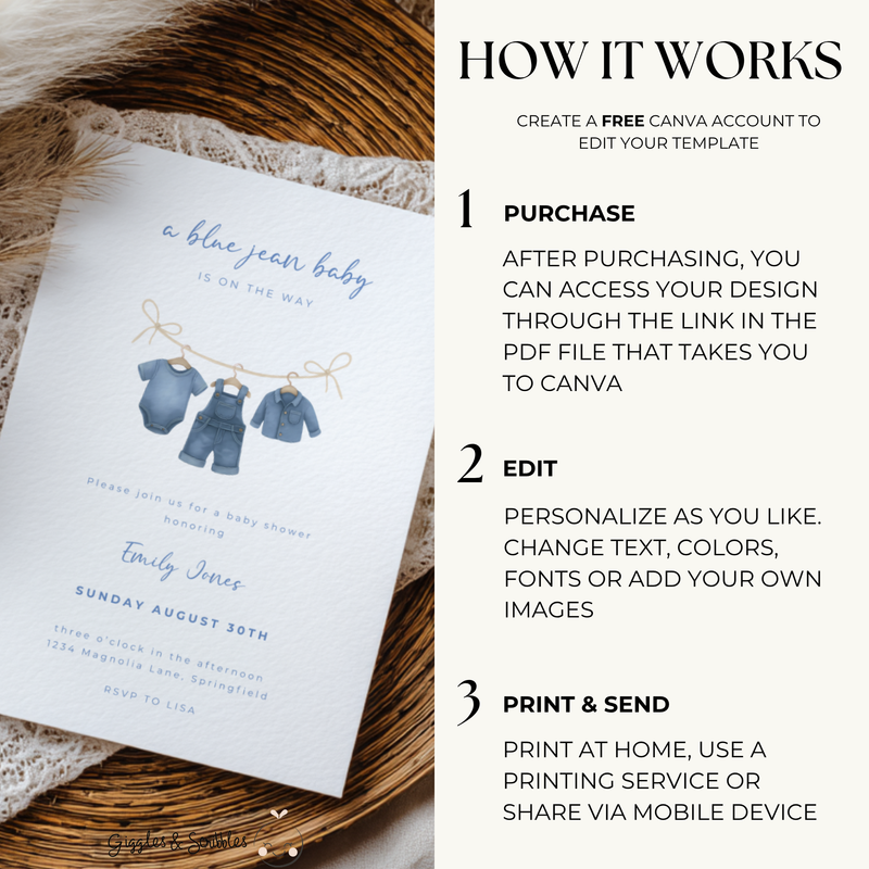 Baby Shower Invitation Bundle - Blue Jean Baby Denim Clothesline BS194