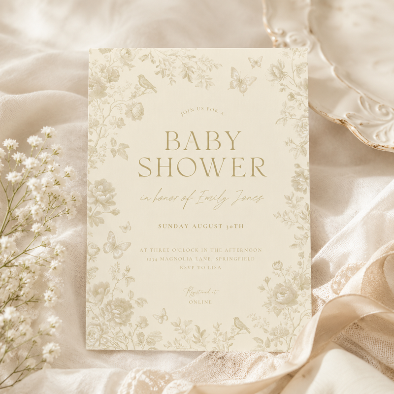 Butter Yellow Baby Shower Invitation Bundle – Elegant Toile Invitation Set BS187