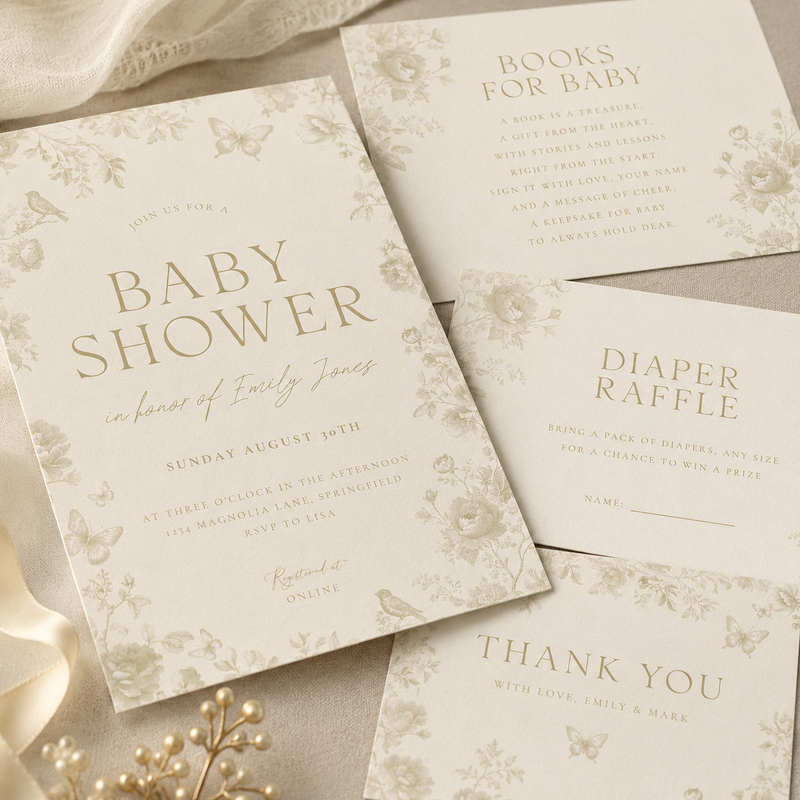 Butter Yellow Baby Shower Invitation Bundle – Elegant Toile Invitation Set BS187