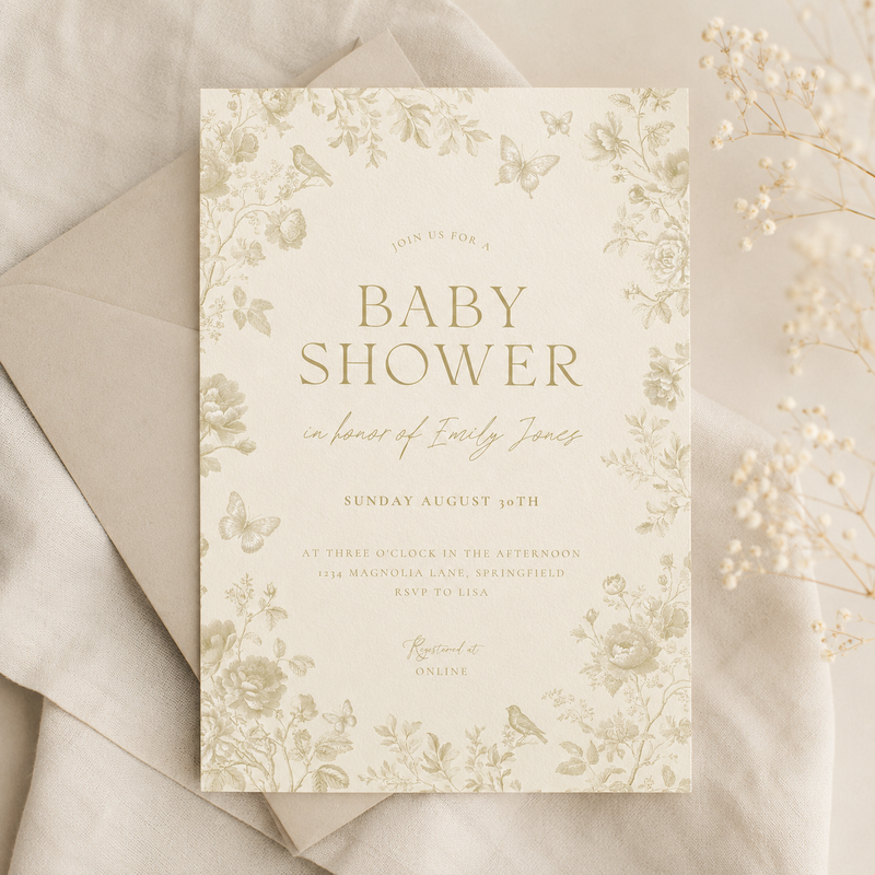 Butter Yellow Baby Shower Invitation Bundle – Elegant Toile Invitation Set BS187