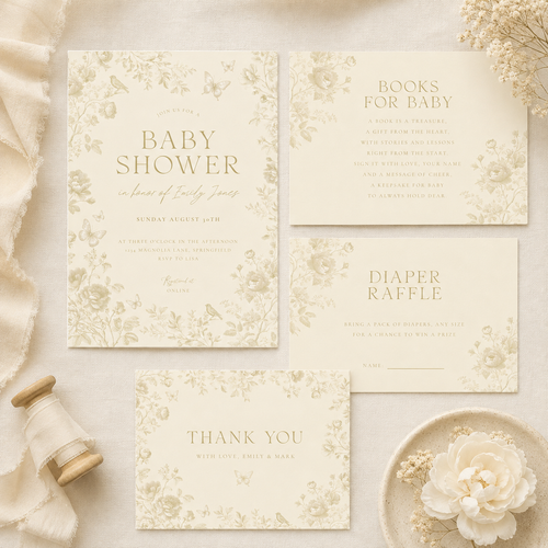 Butter Yellow Baby Shower Invitation Bundle – Elegant Toile Invitation Set BS187