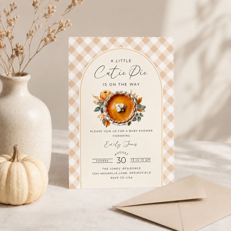 Baby Shower Invitation - A Little Cutie Pie Is On The Way Fall Pumpkin Pie BS207