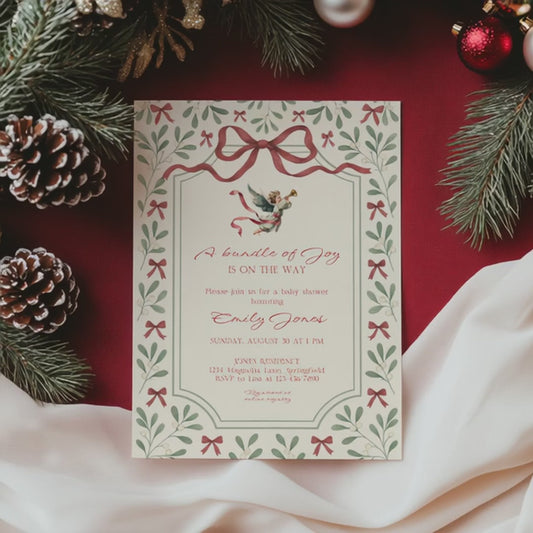 Baby Shower Invitation - Vintage Christmas Florals with Elegant Angel BS232