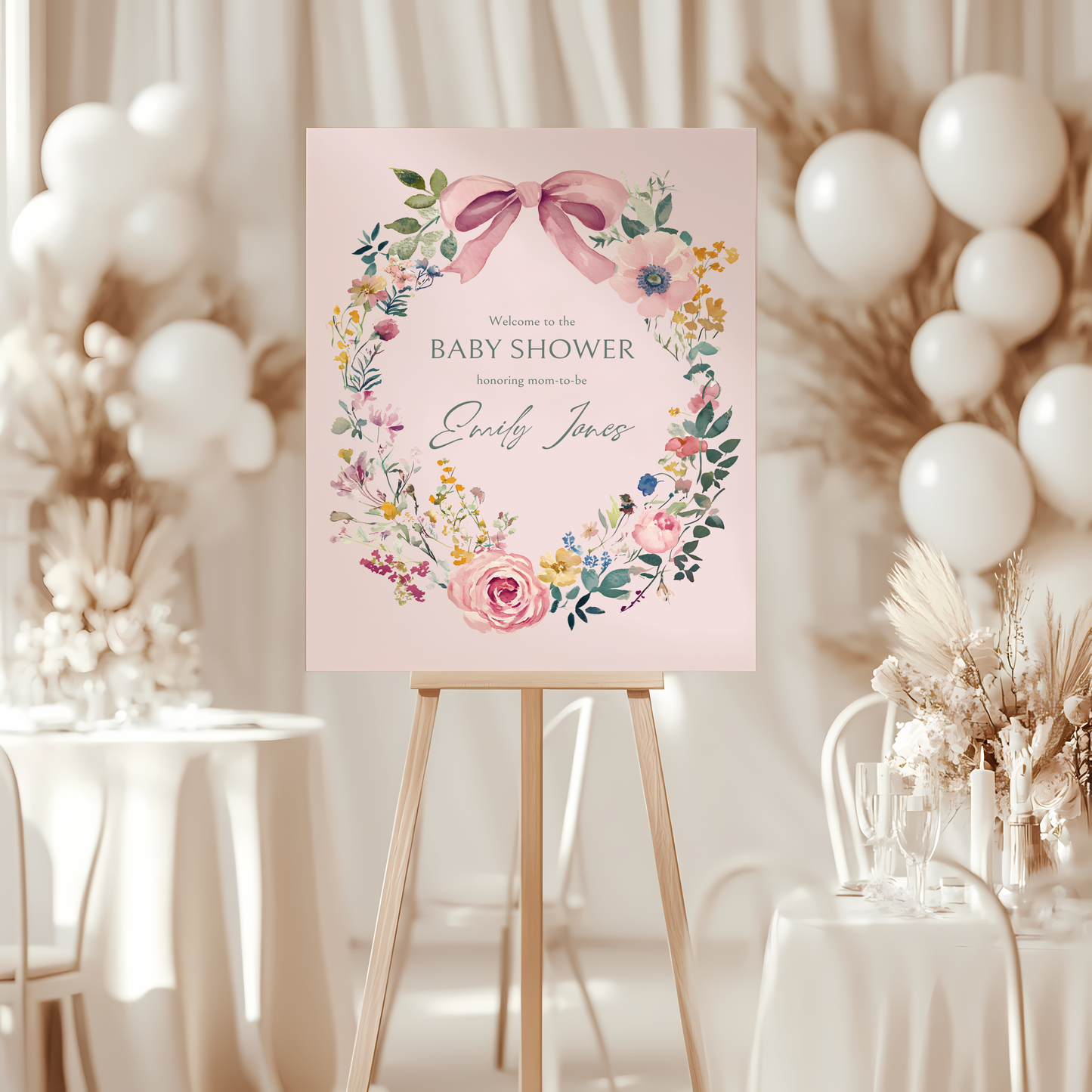 Baby Shower Welcome Sign - Pink Hand Drawn Vintage Floral Baby In Bloom BS71