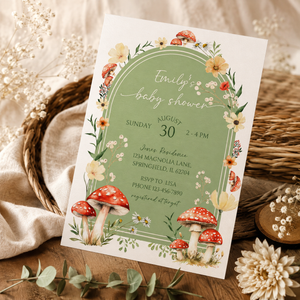 Green Mushroom Fungi Fall Woodland Baby Shower Invitation BS82