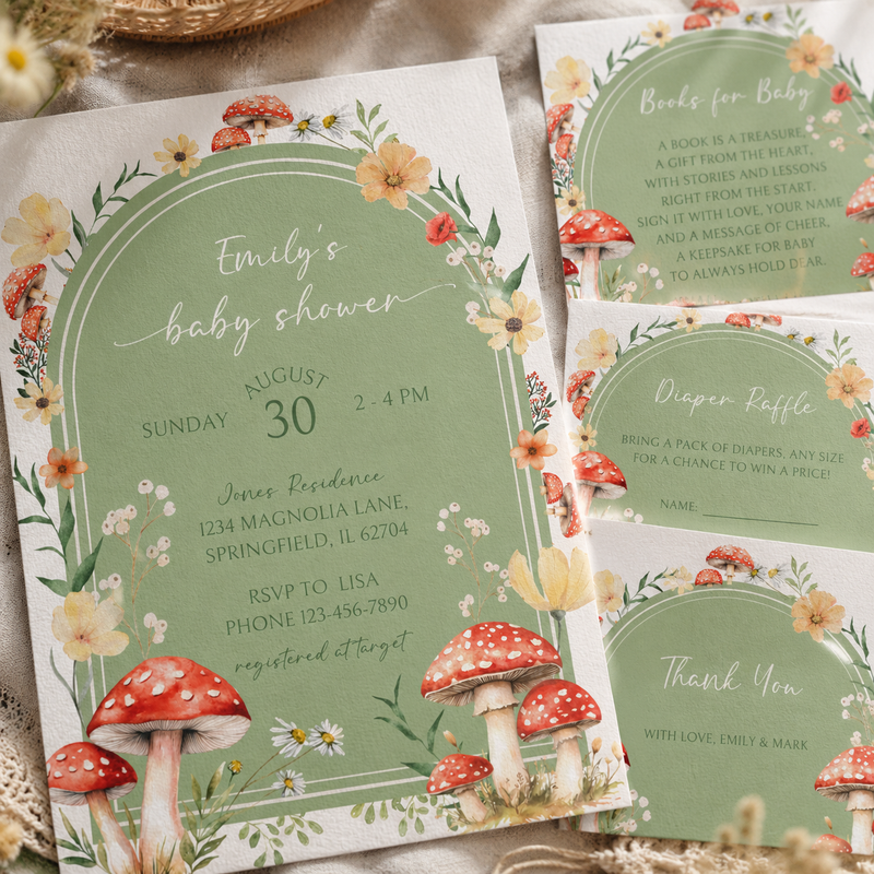 Mushroom Woodland Baby Shower Invitation Bundle - Green BS82