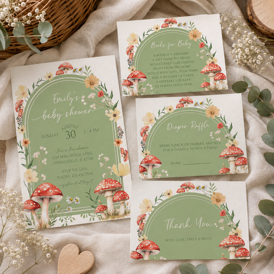 Mushroom Woodland Baby Shower Invitation Bundle - Green BS82