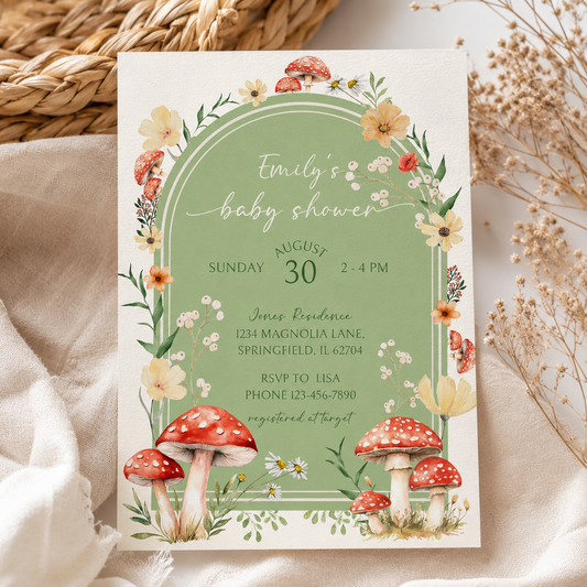 Green Mushroom Fungi Fall Woodland Baby Shower Invitation BS82